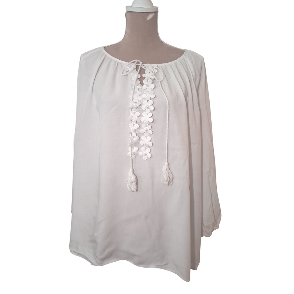 Floryday XL White Boho Peasant Blouse Floral Lace Pearl Tassel Long Sleeve Top